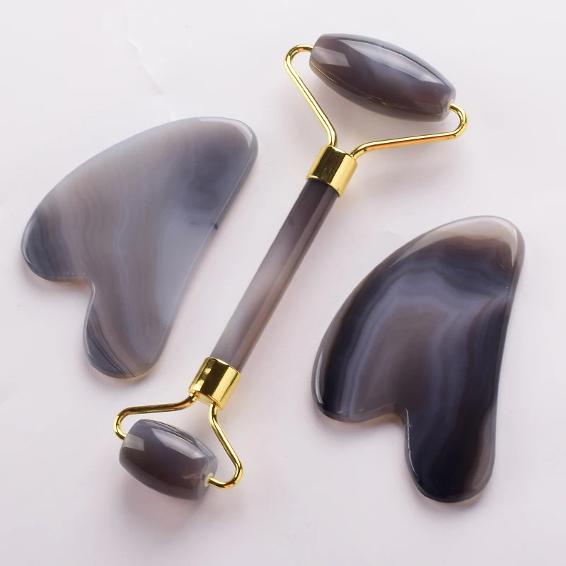 สีเทา Agate Jade Roller เครื่องนวด Gouache Scraper สําหรับใบหน้าเครื่องมือดูแลผิวหน้าธรรมชาติ Body Back Beauty Lifting เครื่องนวด Rolle