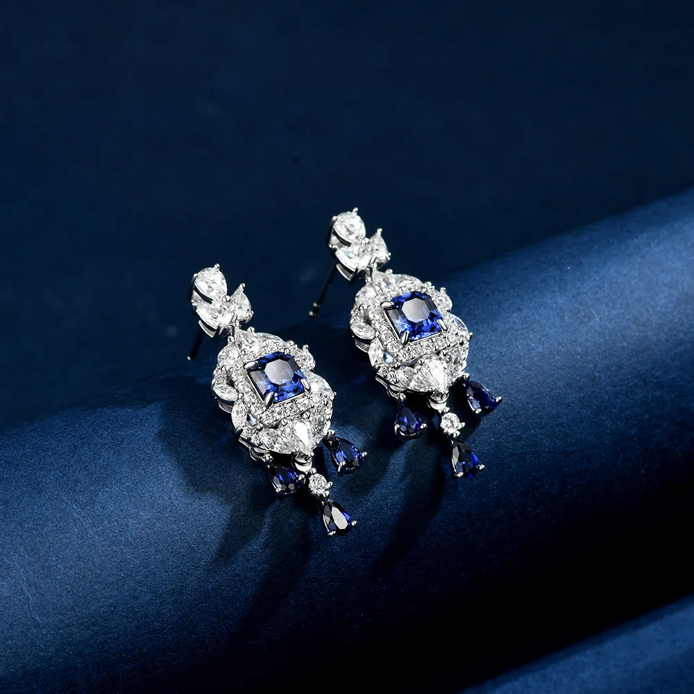 

New S925 Silver 0.8carat Square 5 * 5 Blue Pink Nurturing Blue Treasure European Beauty Earrings Wedding Jewelry