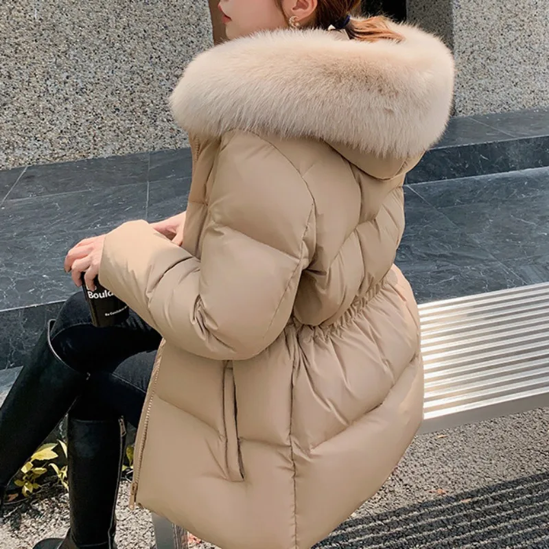 2023 Women Hooded Imitation Fox Fur Collar Puffer Coat Light Warm Waterproof Parkas Winter Female White Duck Down Casual Jacket