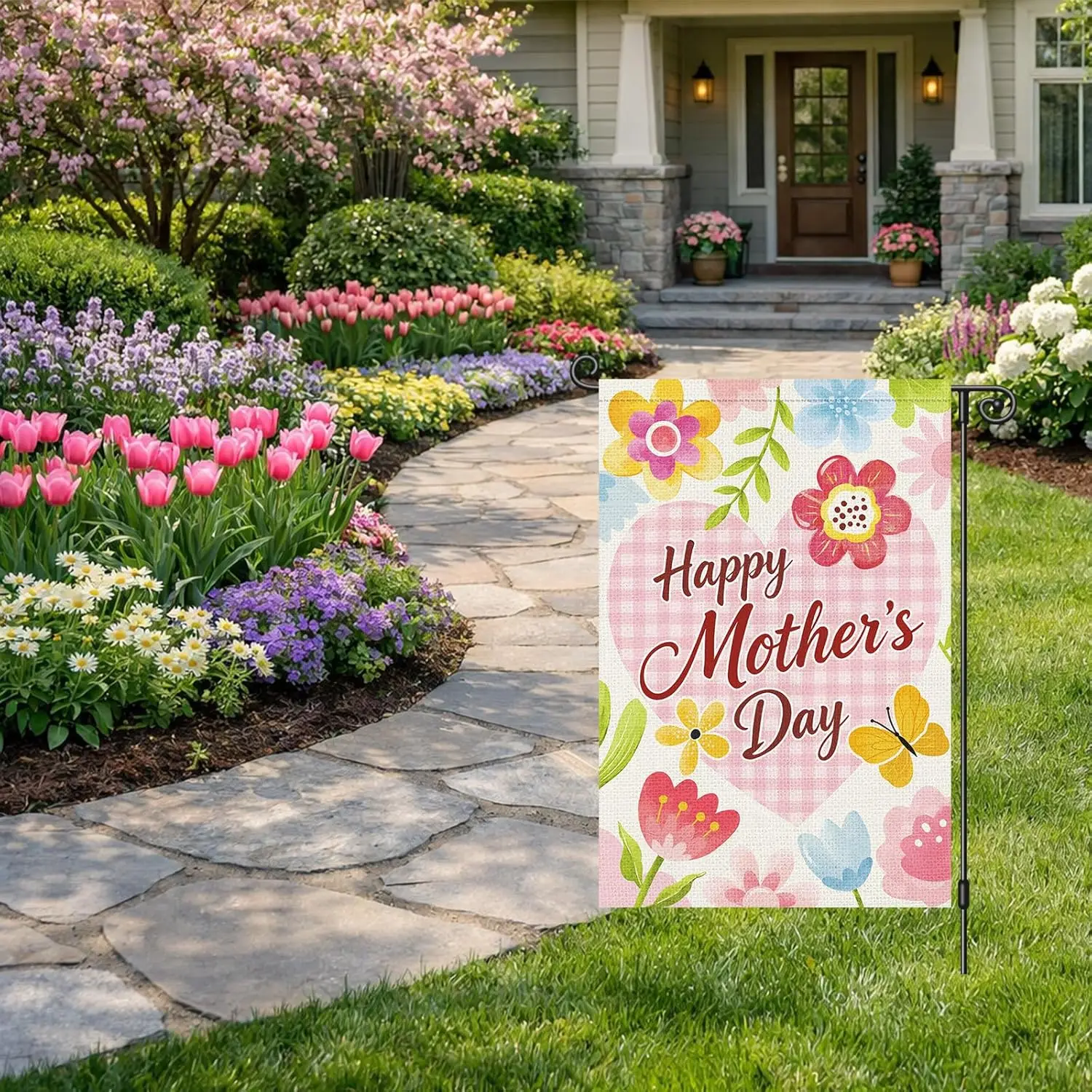 Heyfibro Happy Mother's Day Garden Flag 12x18 Inch Double Sided Floral Small House Flag for Outside Porch Yard Front Doo AAS