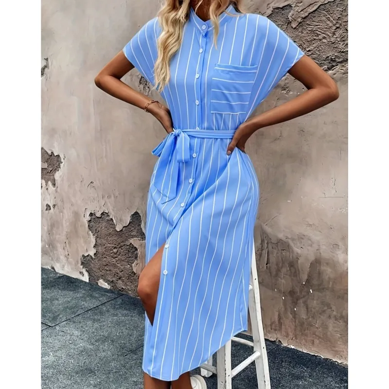 Abito camicia con stampa a righe blu Nuove maniche rotanti casual con tasca Abiti longuette divisi monopetto con lacci per le donne 2025