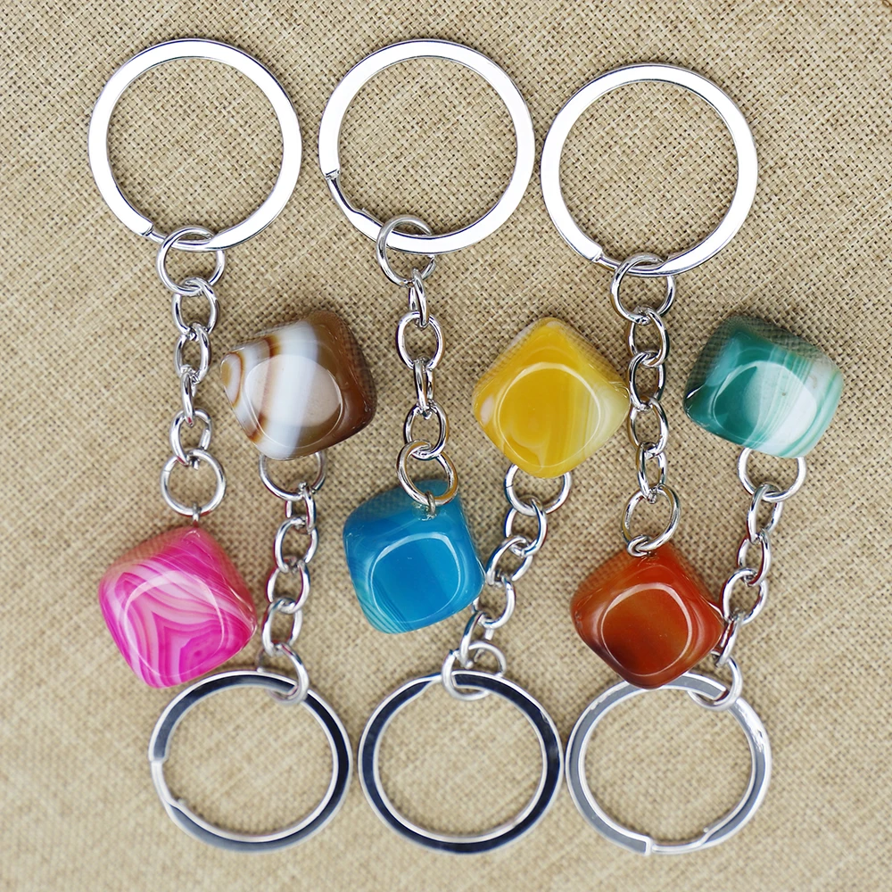 Natural Crystal Agate Square Large Particle Keyring Simple Personality Multi-color Gem DIY Pendants Bag Hanging Accessories 6Pcs