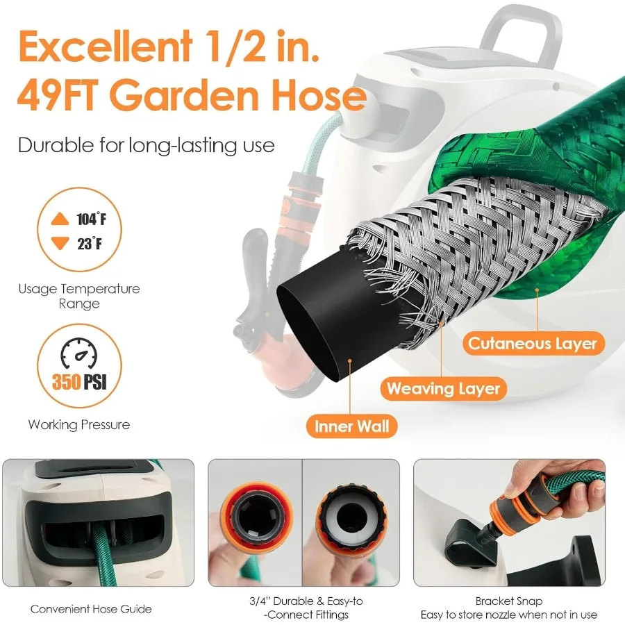 屋外庭園用格納式ホースリール 100フィート x 1/2インチ 高性能ウォーターホース 180度回転壁掛けブラケット付き F