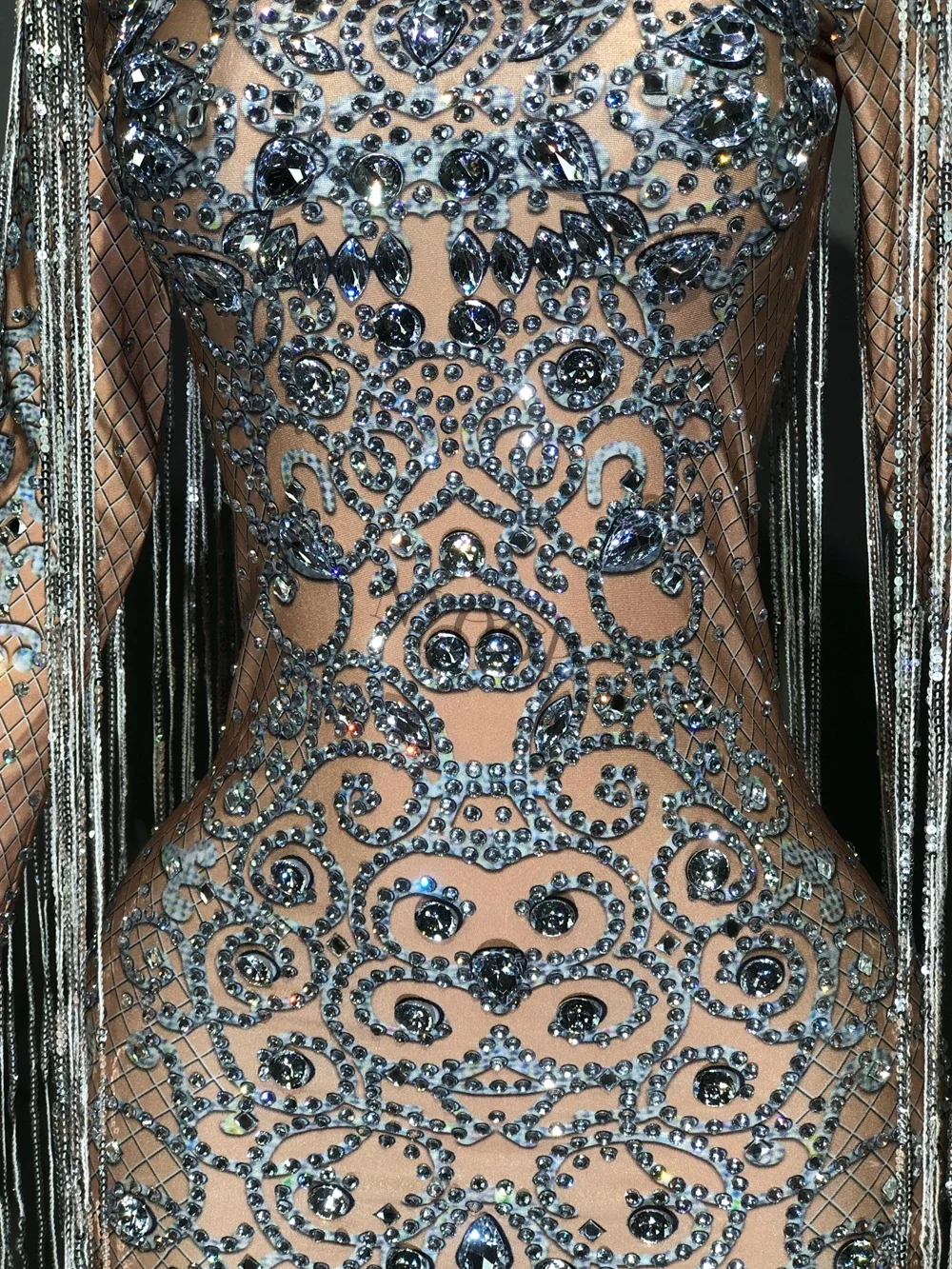 Robe Longue à Franges et Paillettes pour Femme, Tenue de Soirée, Mariage, Bal, Anniversaire, Strass, Séance Photo sur Scène