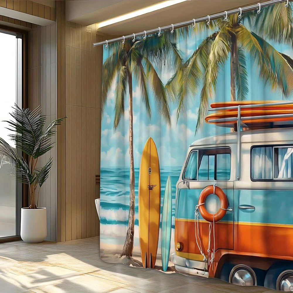 

«Пляжный фургон с досками для серфинга, водонепроницаемая занавеска для душа, дизайн тропических пальм для летнего декора ванной комнаты»