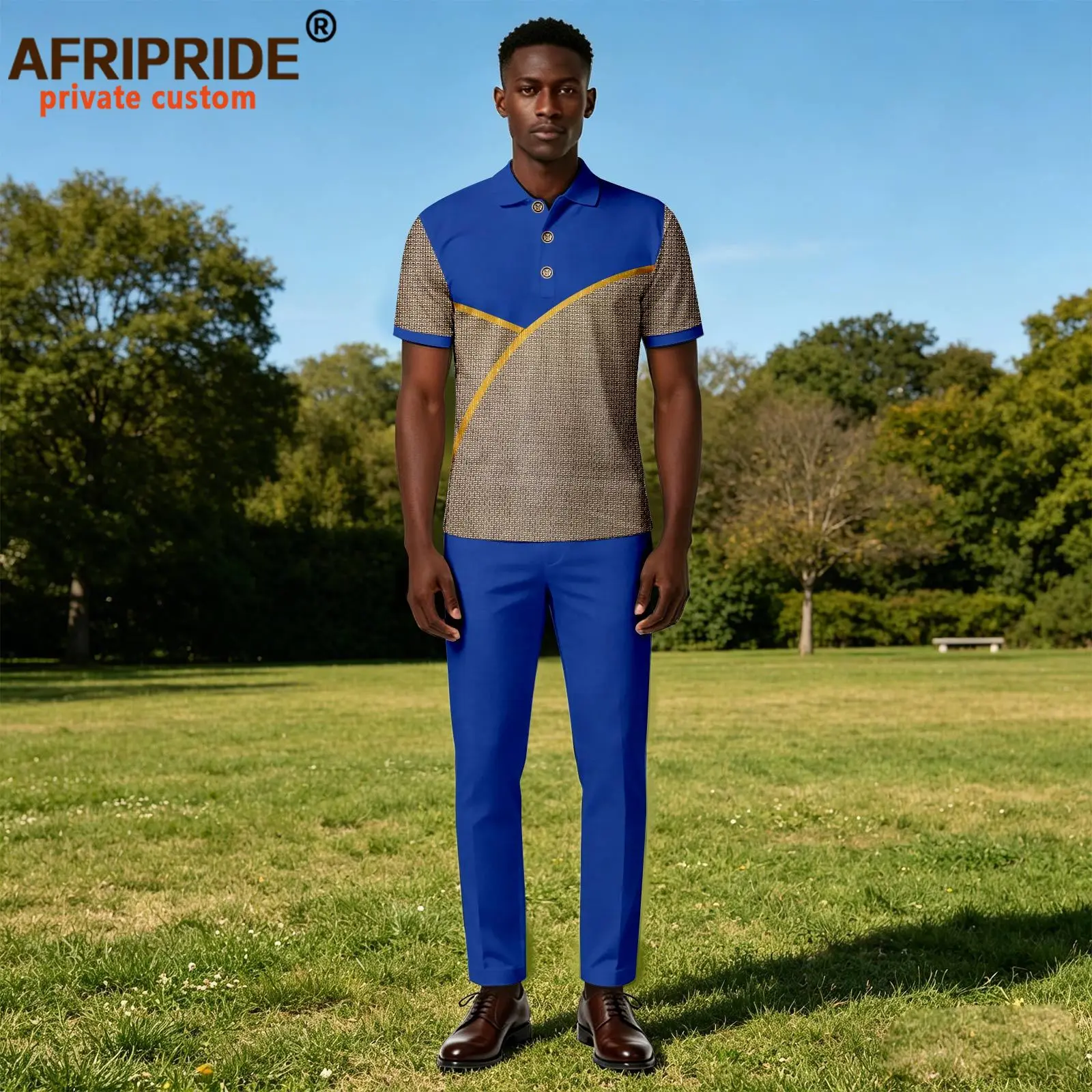 Men's African Clothes Embroidery  Short Sleeve Applique Polo Shirts and Pants 2 Piece Set  Dashiki Outfits Tracksuit 2616111