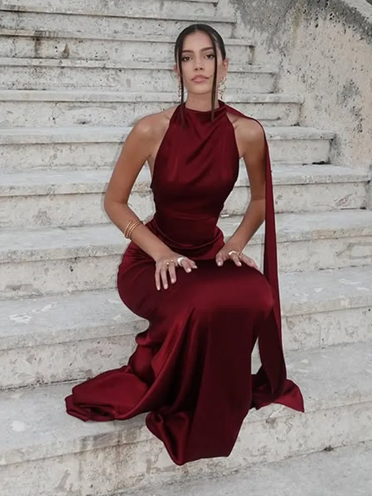Sexy Burgundy Women's Dress Slim Satin Halter Ribbon Backless Tie Up Sleeveless Maxi Dresses Autumn Evening Party Lady Vestidos