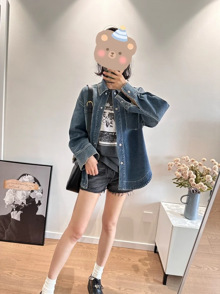 

YN Retro Waed Denim irt Loose oulder Long Sve Casual Outerwear for Women Collar Cotton Autumn Faion