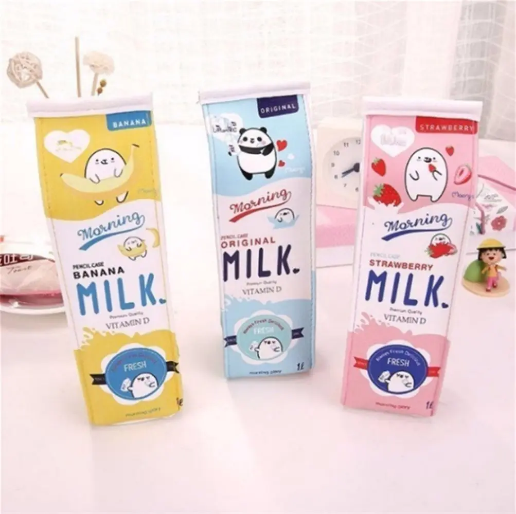 PU Leather Waterproof Cartoon Morning Milk School Stationery Big Storage Pencil Box Fruit Milk Carton Pen Bag Pencil Case