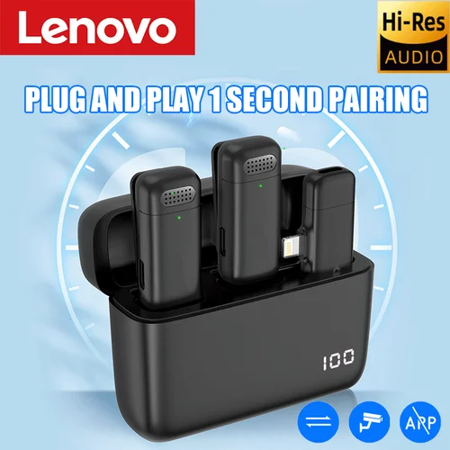 Lenovo-micrófono Lavalier inalámbrico, estuche de carga, micrófono portátil, grabación de Audio y vídeo para iPhone, Android, Notebook, micrófono para juegos en vivo