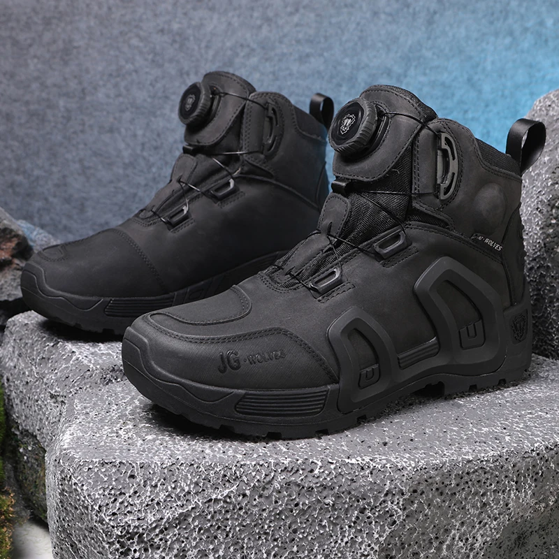 JG WOLVES Men Waterproof Cowhide Leather Breathable Anti-Slip Wear-Resistant Street Moto Shoes Motorcycle Riding Boots