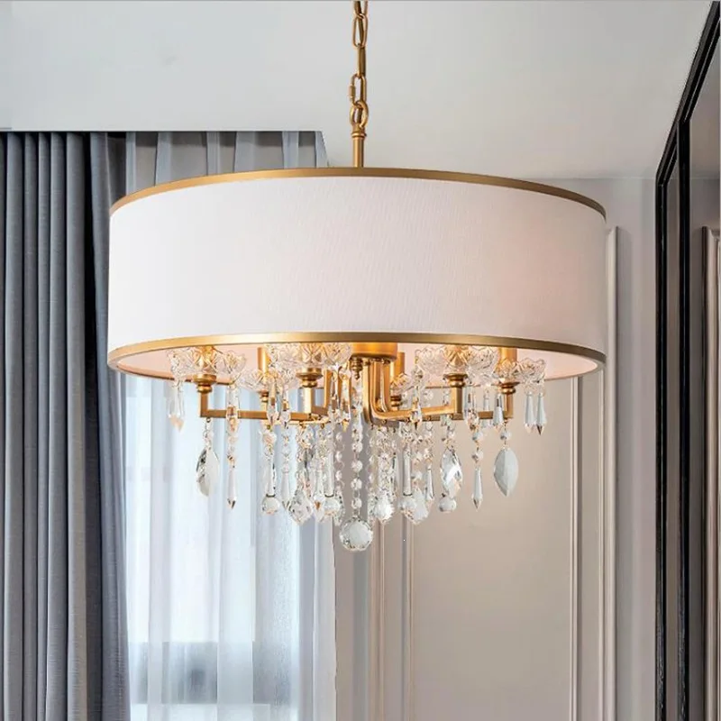 American Crystal Chandelier, Featuring a Metal Gold Frame and Fabric Lampshade Suitable for Living Rooms Dining Rooms and Bedroo