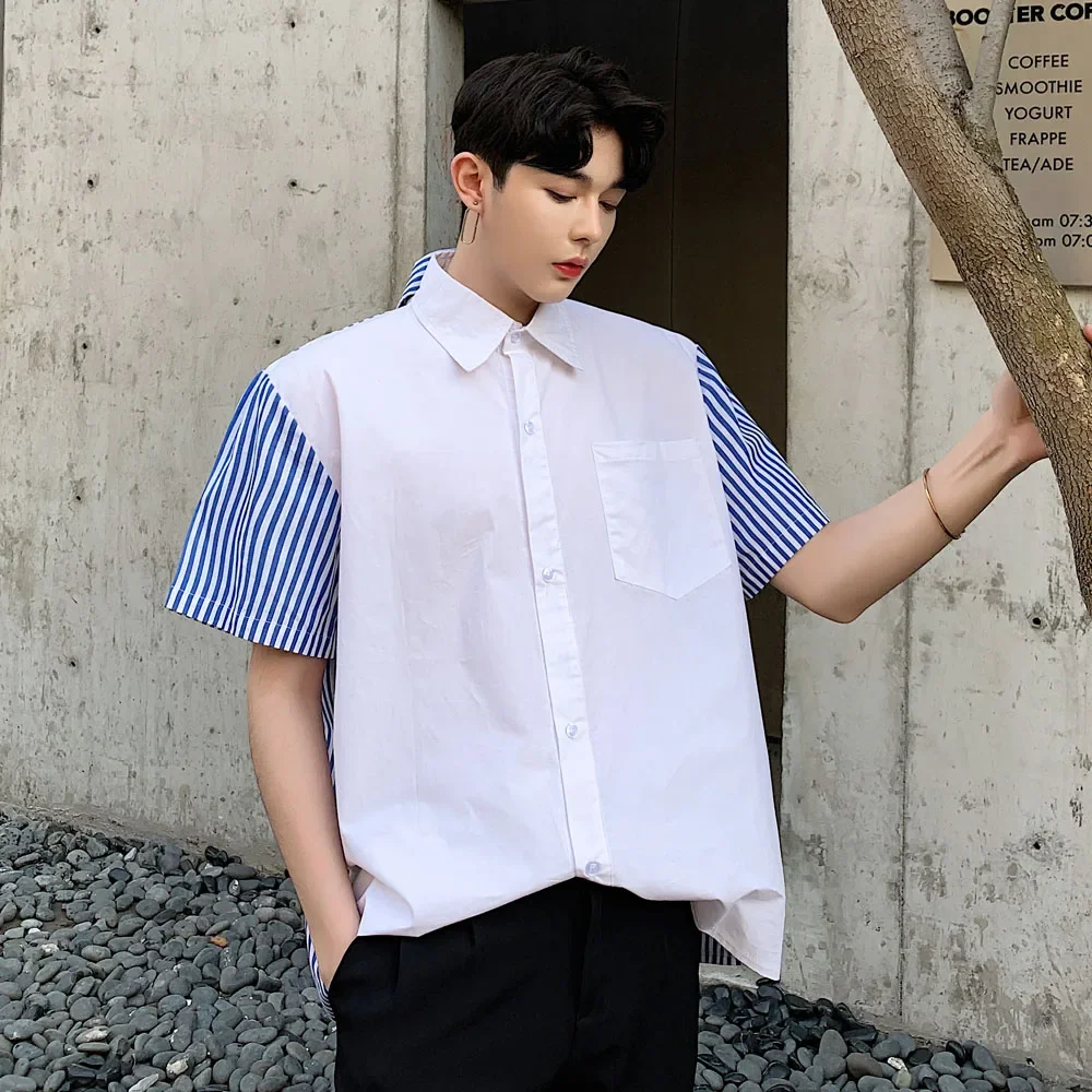 Men Can Be Worn Before Back Stripe Short Sleeve Shirts Male Women Streetstyle Fashion Loose Casual Couple Shirts Stage Clothing