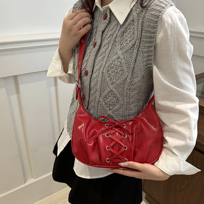 Schicke Schleifendesign Halbmond-Form Umhängetasche Y2K Vintage-Stil Hobo Handtasche für Damen Täglicher Gebrauch – Detail 5