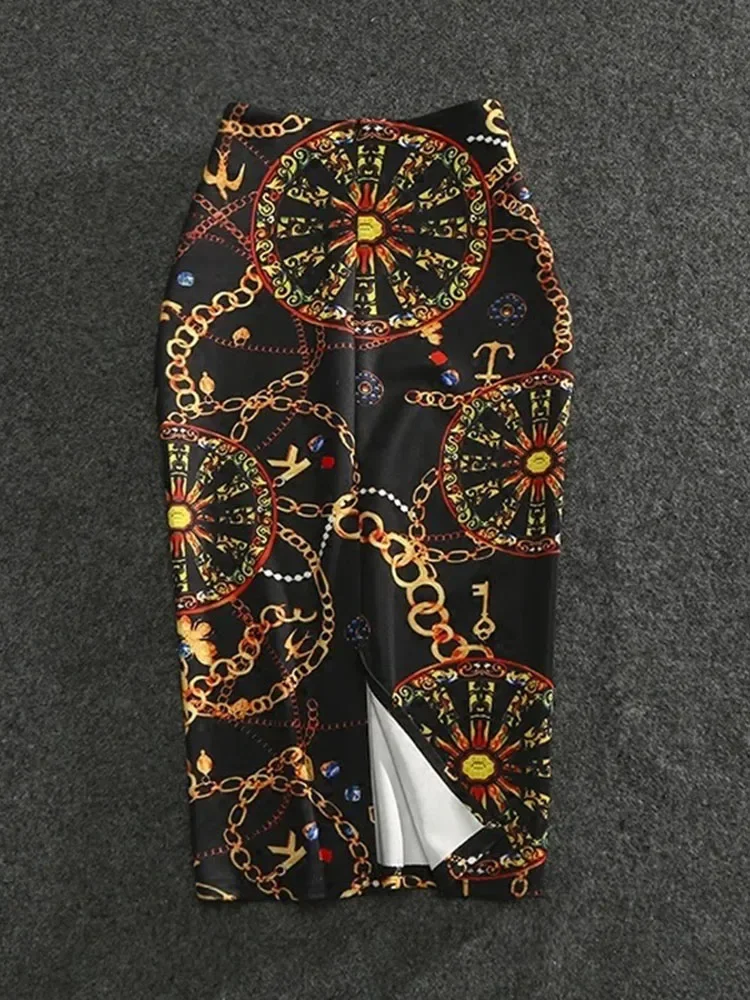 Women's Holographic Bohemia High Waist Slim Midi Pencil Skirt with Cartoon Boom! Letters Print And Split Sexy Female Falda LS081