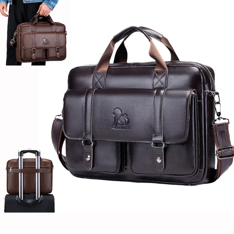 Aktentasche aus echtem Leder für Herren mit doppelten Vordertaschen, große Kapazität, Computertasche, diagonale Kreuzhandtasche, Laptop-Aktentasche