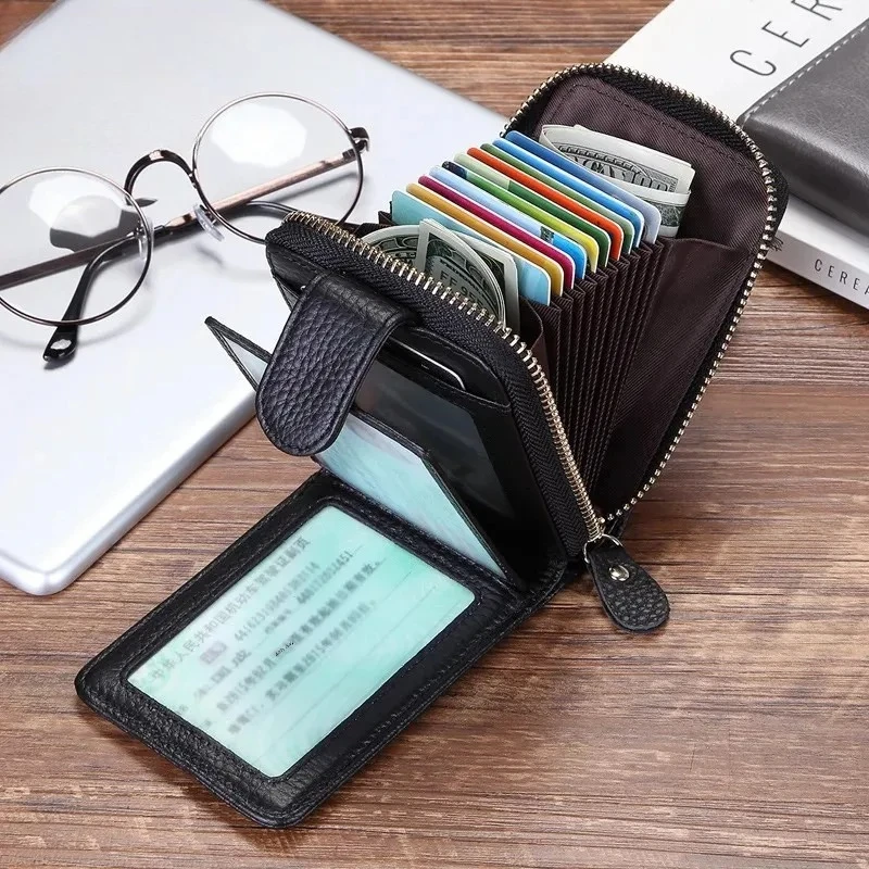 

Large Capacity Zipper Style Leather ID Holder Driving License RF Multi-Function Top Layer Cowhide Accordion Card Holder
