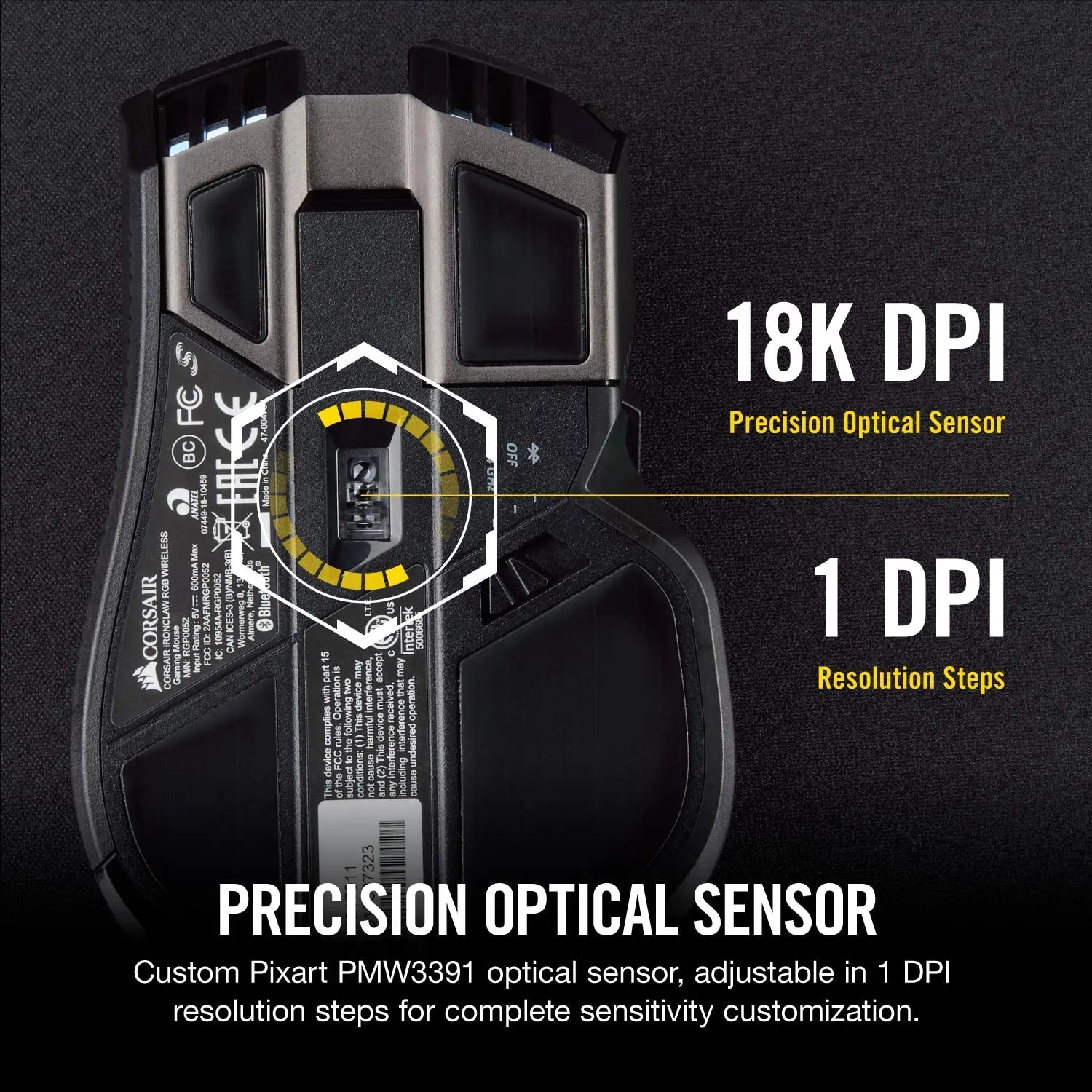 Corsair Ironclaw Wireless RGB - FPS and MOBA Gaming Mouse - 18,000 DPI Optical Sensor - Sub-1 ms SLIPSTREAM Wireless