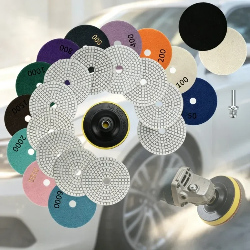 4 Inch Diamond Polishing Pads 50-6000 Grit Wet Dry for Auto Body Buffing Compatible with Drill Grinder Polisher 15 PCS Kit with 5/8