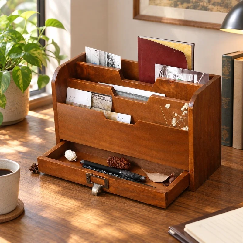 Wooden Multi-Drawer Desk Organizer for Office Supplies, Documents, and Pantry Storage in Retro Design