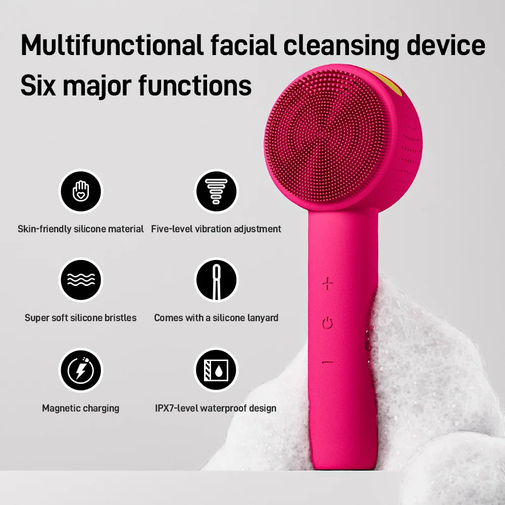 Spazzola per la pulizia del viso elettrica in silicone morbido a doppio lato Spazzola per il viso vibrante sonica a 5 livelli per la pulizia profonda esfoliante