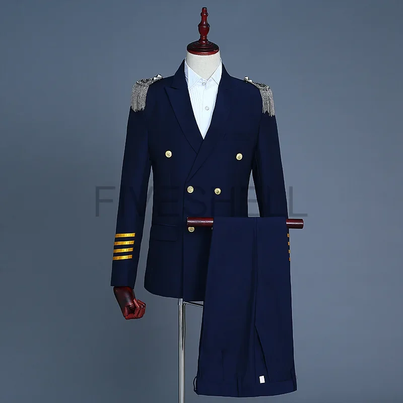 Adult S-4XL Captain Officer Sailor Peacoat Costume Men's Military Blazer Suit with Fringe Marching Band Jacket Uniform And Pants view 2