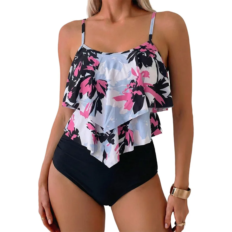 2026 New European Style Ruffled High Waist Tummy Control Slim Two Piece Bikini Swimwear For Women view 2