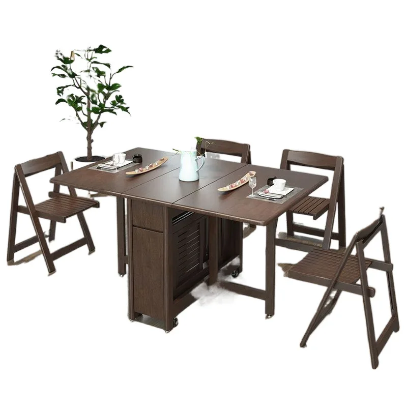 

Golden silk walnut all solid wood folding dining table and chairs small apartment retractable modern simple household