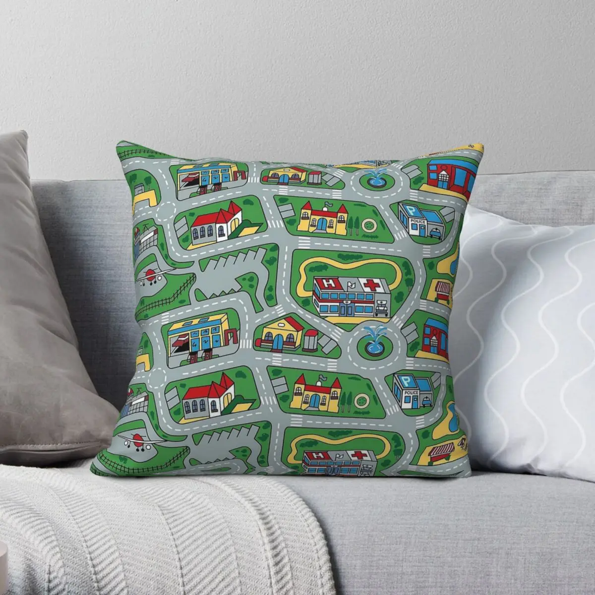 Car City Road Nostalgic Toy Pillowcase Polyester Linen Velvet Pattern Zip Decorative Throw Pillow Case Sofa Cushion Cover