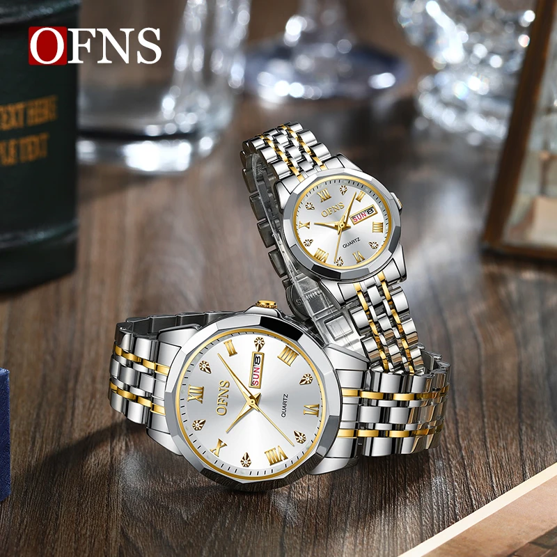 OFNS Top Luxury Business Couple Watches Waterproof Luminous Stainless Steel Quartz Watch Men Women Fashion Lovers Casual Watch