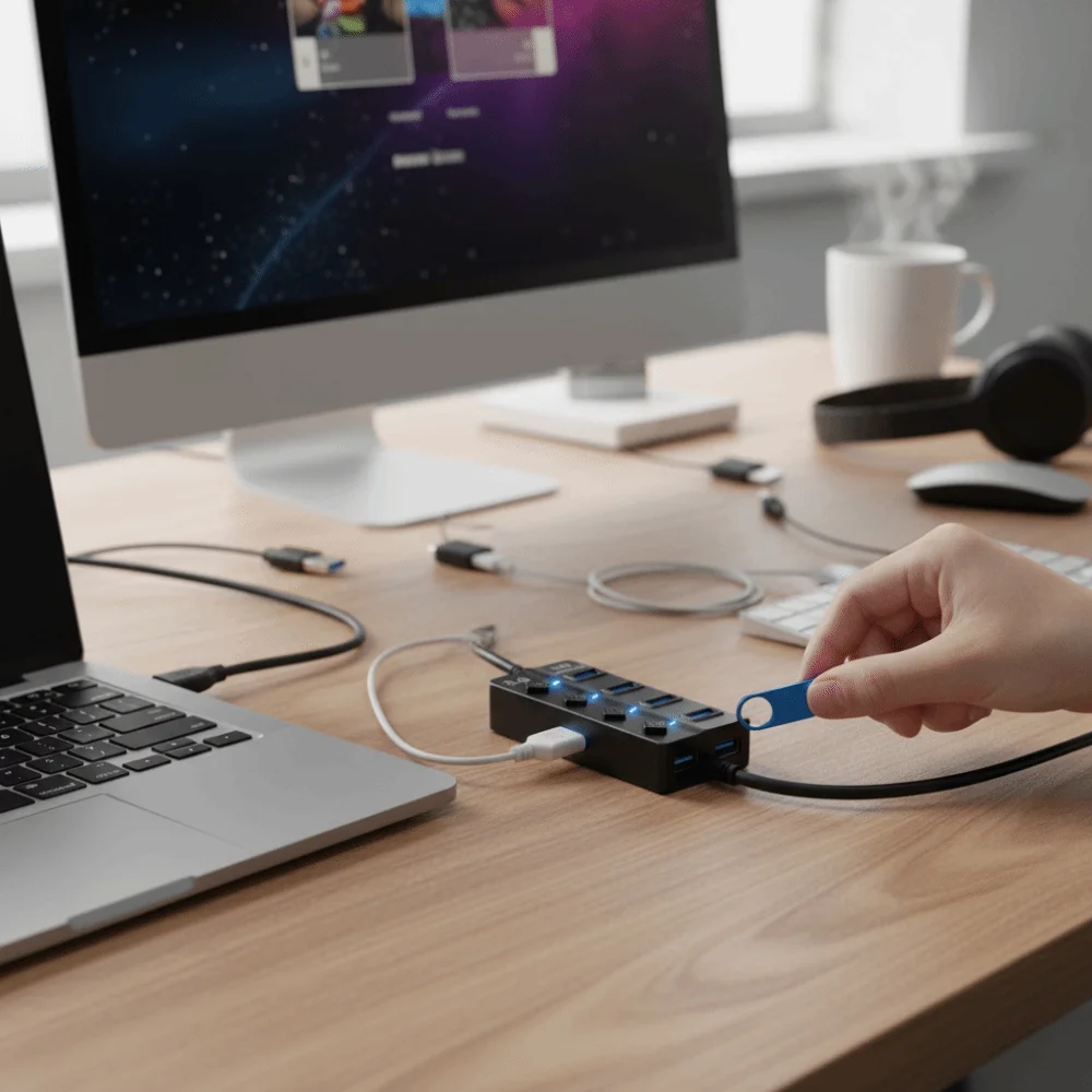 4 Port USB 3.0 Hub With Switch Power Adapter Multi USB Splitter 5Gbps High Speed Long Cable Multiple Expander Hub