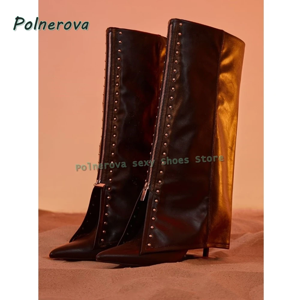 البني سستة الديكور كم الأحذية أشار تو الكعوب رقيقة برشام المرقعة النساء حذاء برقبة للركبة 2025 الخريف نمط جديد الشتاء