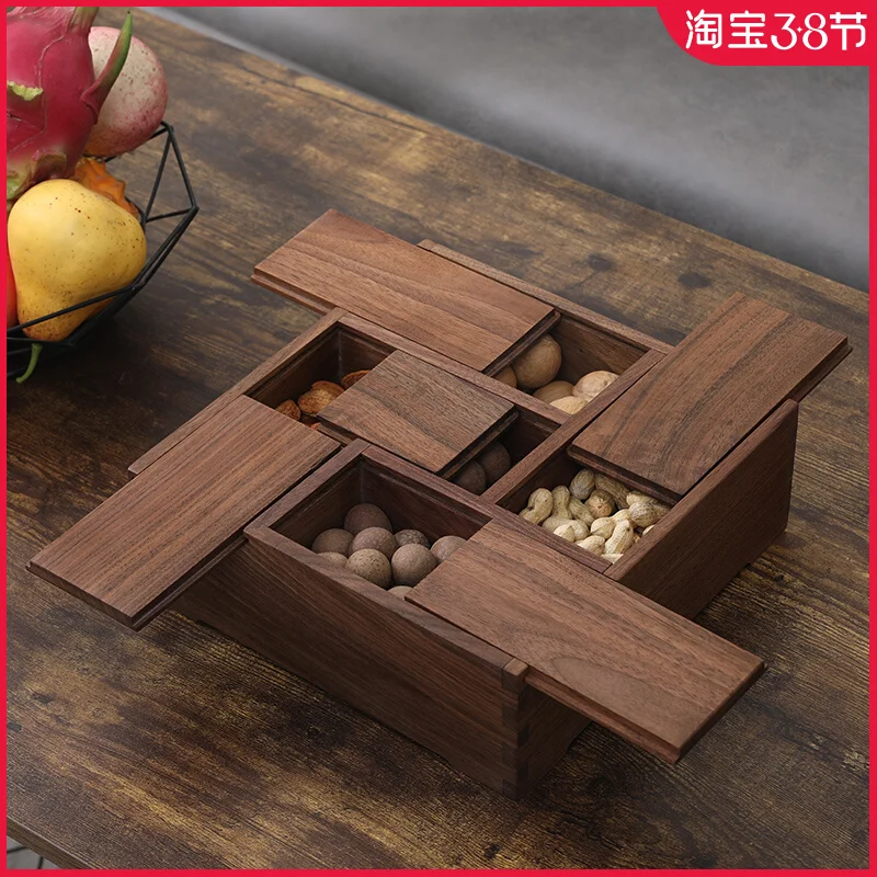 China Black Walnut Multi Treasure Box Square Living Room Food Storage Box Multifunctional Candy Box Snacks Storage Box