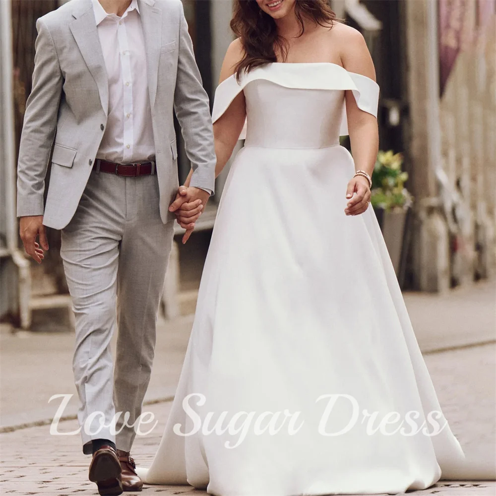 Plus Size A Line abiti da sposa con tasca elegante abito da sposa con spalle scoperte abito da sposa plissettato lungo treno abiti para mujer