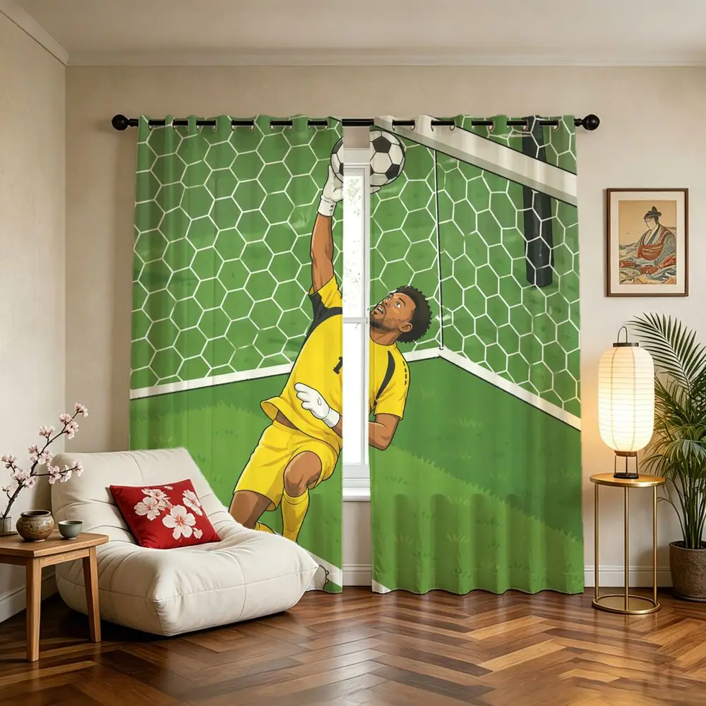 Cartoon Goalie Catch Ball Printed Curtains 2 Panels Light Blocking Rate 85% Darkening Boys Game Bedroom Decor Curtains