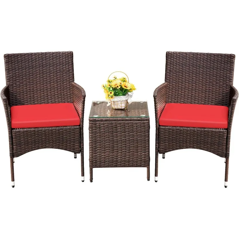 

Devoko Patio Porch Furniture Sets 3 Pieces PE Rattan Wicker Chairs with Table Outdoor Garden Furniture Sets (Brown/Red)