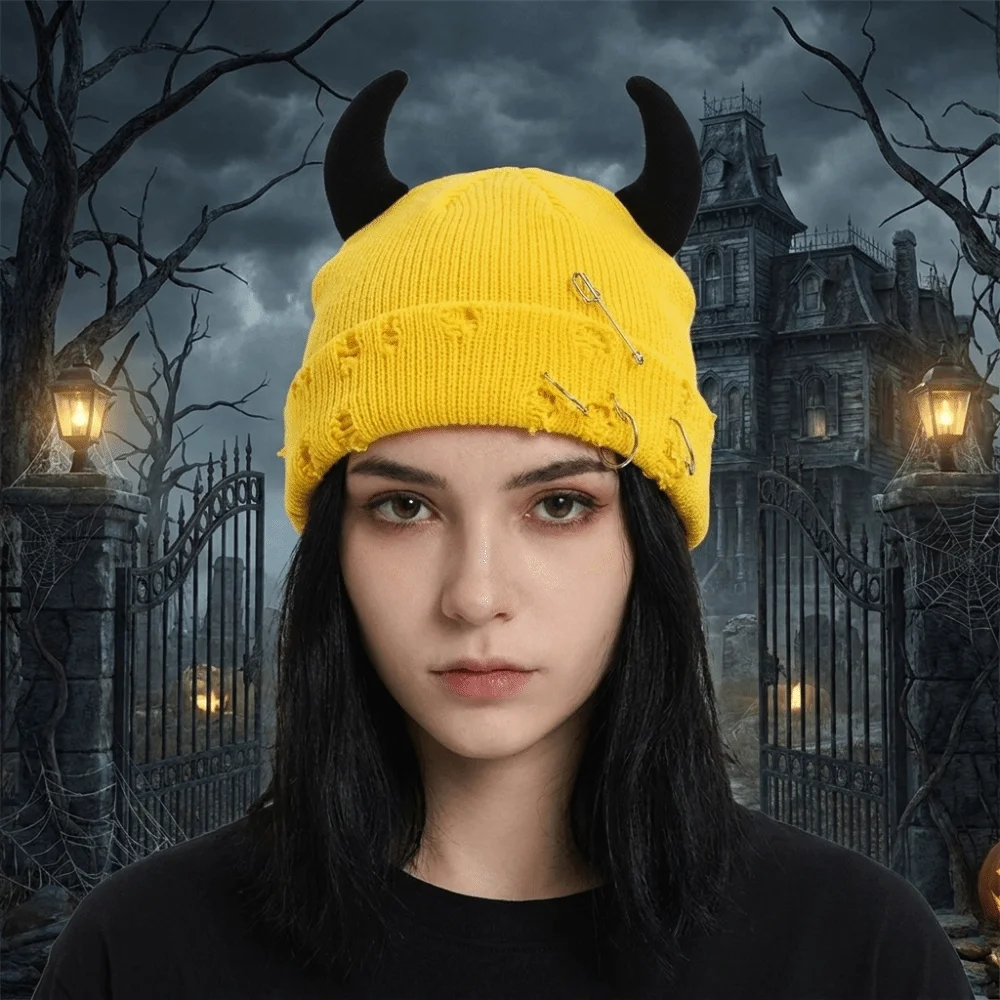 Punk Yarn Devil Horns Hat Distressed Adjustable Winter Pullover Cap Solid Color Warm Knitted Beanie Outdoor