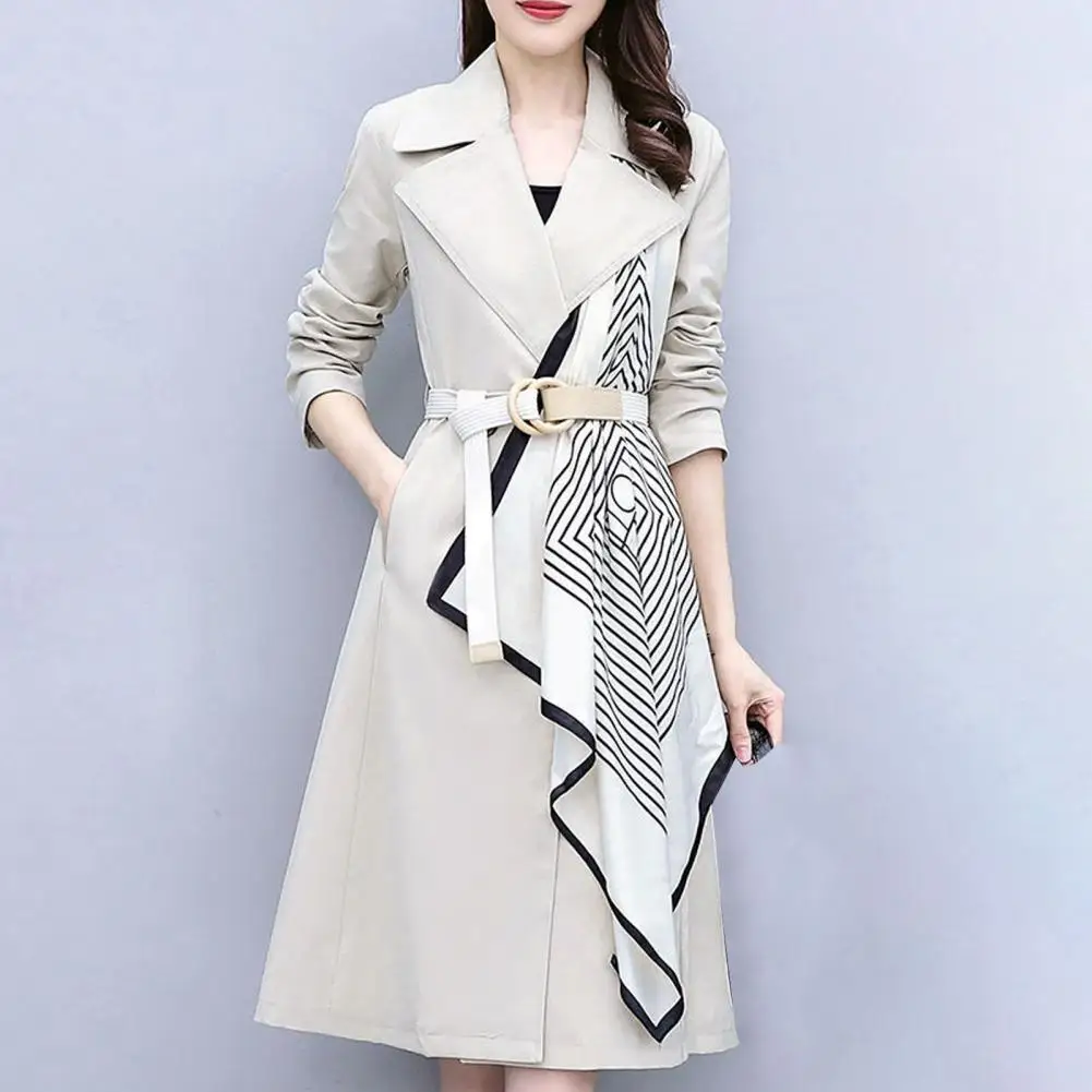 Windbreaker Coat Slim Fit Lady Windbreaker Thick High-Waist  Trendy Spring Autumn Large Lapel Dress Hem Mid-Length Outerwear