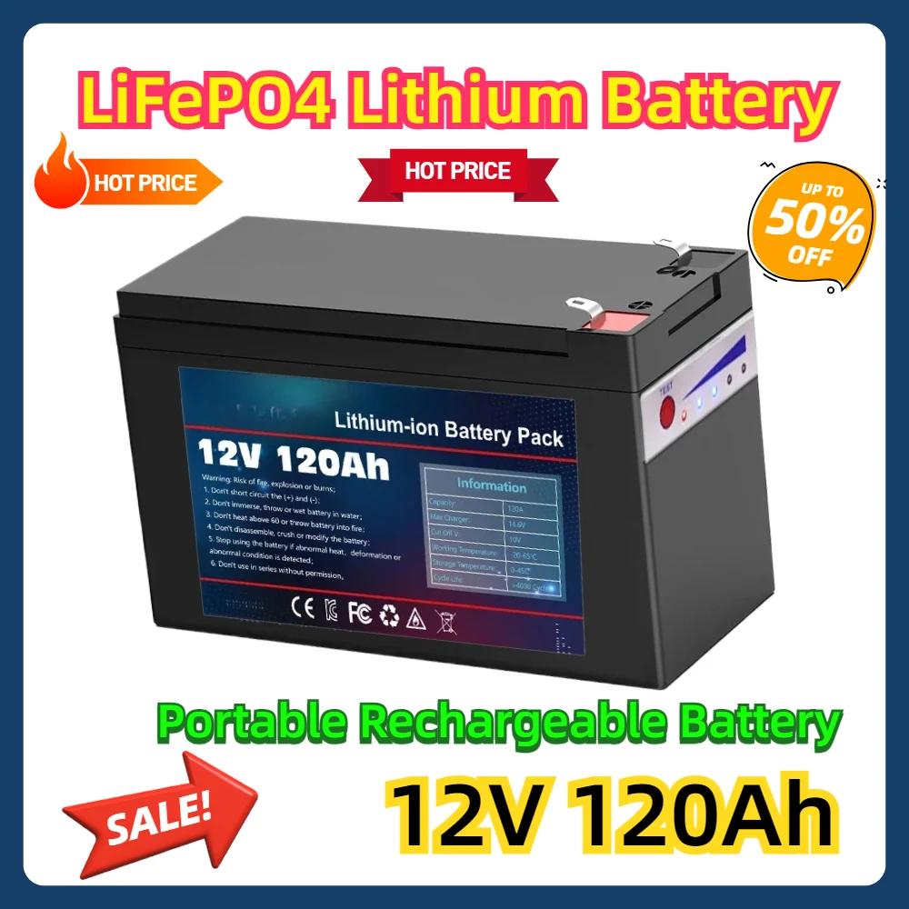 LiFePO4 Lithium Battery 12V 120Ah Portable Rechargeable Battery Built-in Power Display Port Charging