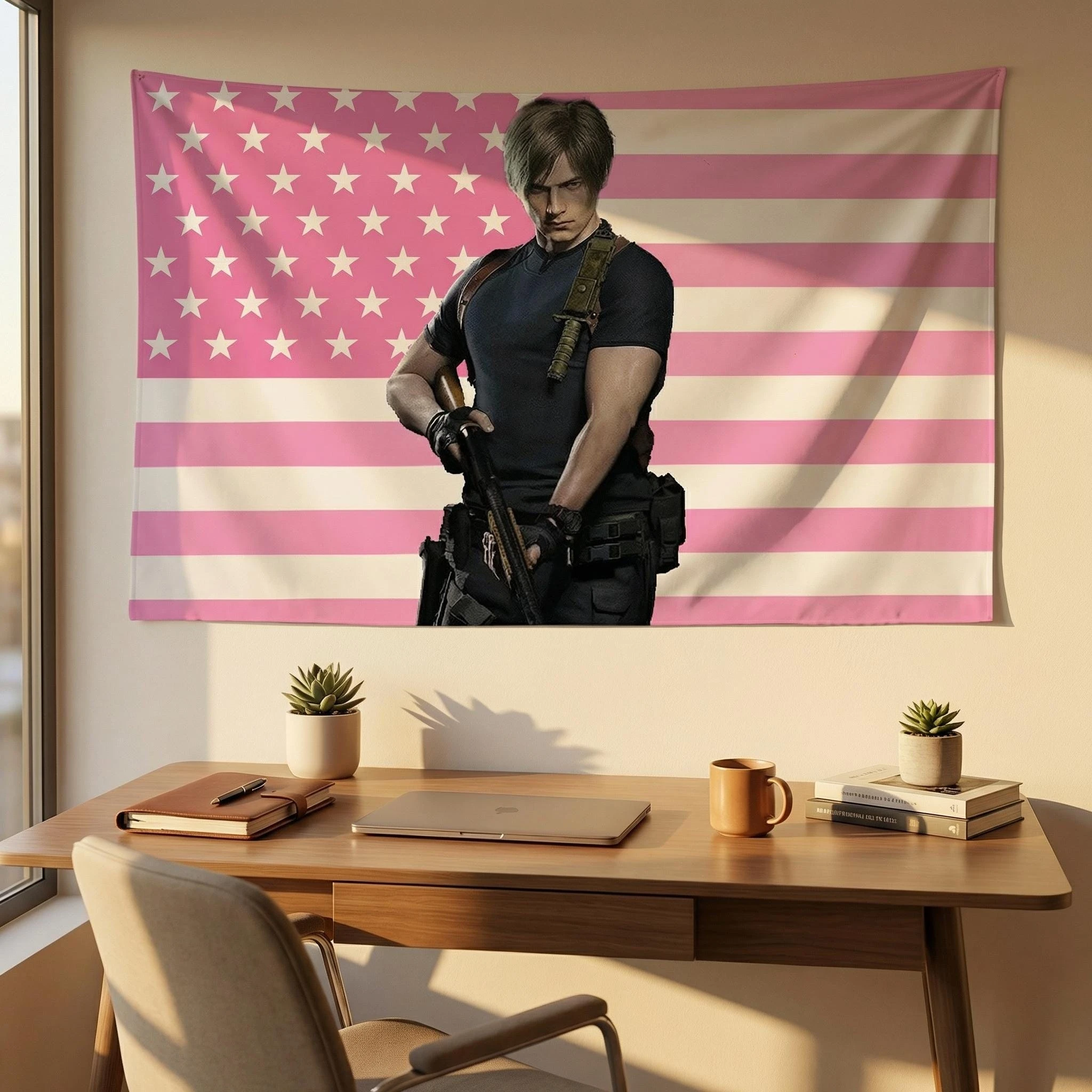 Leon Kennedy Pink American Flag Tapestry, Gamer Wall Hanging for Dorm & Bedroom Decor