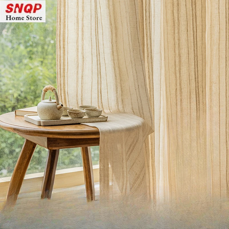 Solid Color Japanese-style Light-transparent and Opaque Log-style Linen Retro Artistic Curtain Gauze