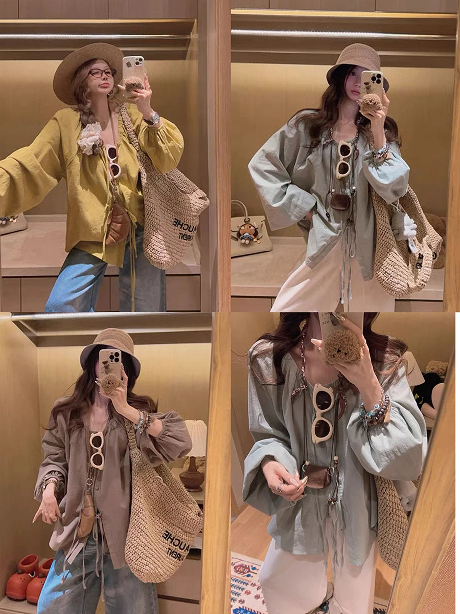 

Летняя двусторонняя блузка Yukiss Thai Land из льна и хлопка с рукавами-фонариками для женщин, модная женская премиум-блузка