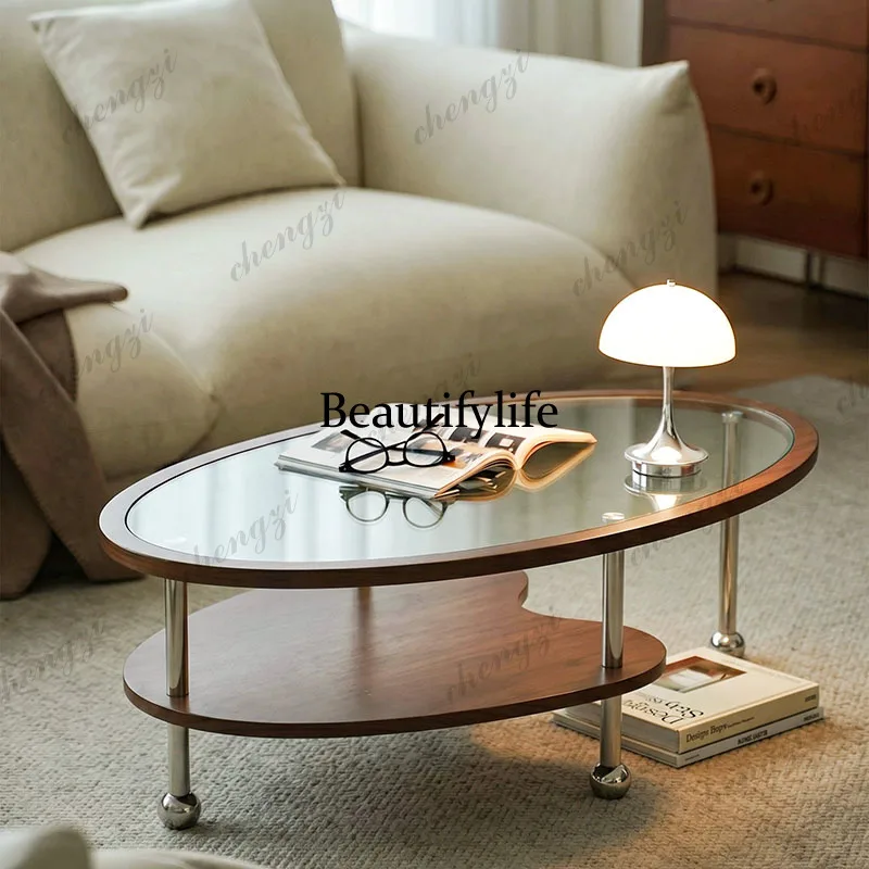Retro solid wood tempered glass stainless steel oval coffee table small apartment living room creative coffee table