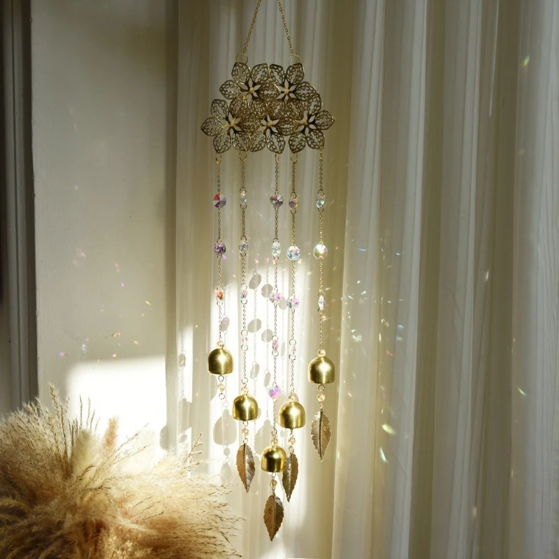

Sun Catcher Wind Chime Crystal Prism Hanging Wind Bell With Feathers & Metal Bells Rainbow Maker for Home Garden Wedding Pendant