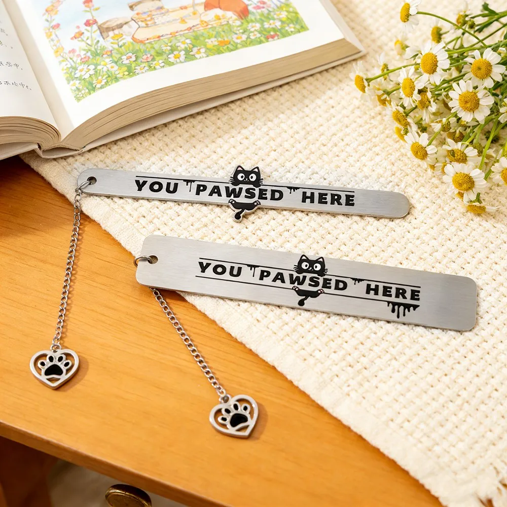 

Cute Cat Stainless Steel Bookmark with Cat Paw Charm Book Lover Book Charm YOU PAWSED HERE Birthday Gift for Friends