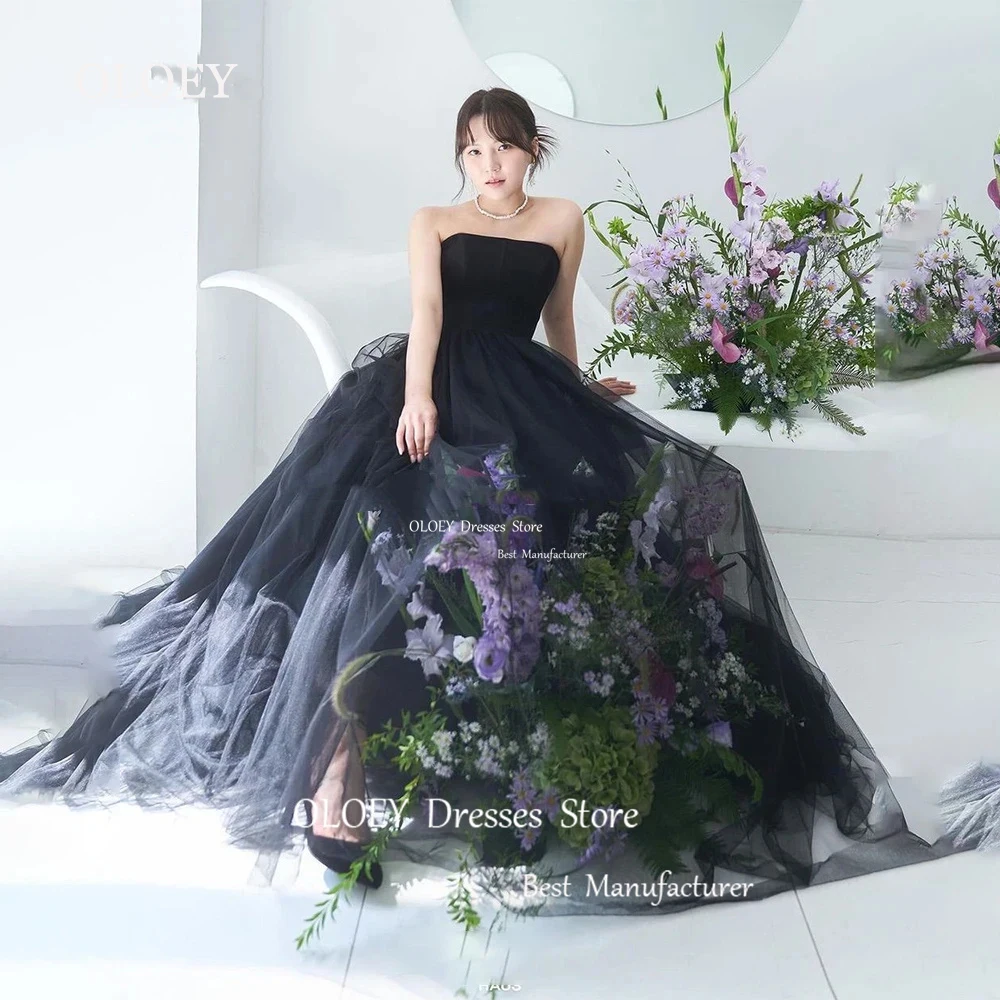 OLOEY Simple Black A Line Wedding Dress Korea Photoshoot Strapless Soft Tulle Bridal Gown Sleeveless Floor Length Party Dress