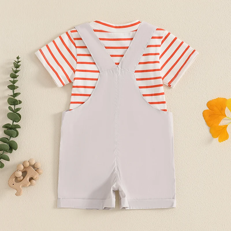 Boys Casual Summer Outfits Striped Round Neck Tee and Suspender Shorts Set for Toddlers 2-Piece Clothing Ensemble