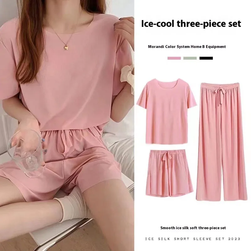 Conjunto de ropa de dormir de seda de hielo para mujer, ropa de dormir Sexy, pantalones cortos simples de manga corta, sólido, ropa de casa