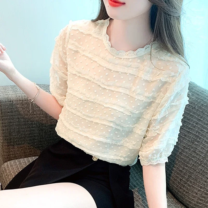 

Korean Chic Elegant Round Collar Clothes Summer Apricot Shirt Sweet Chiffon Blouse with Lace Short Puff Sleeve Women Tops 27474