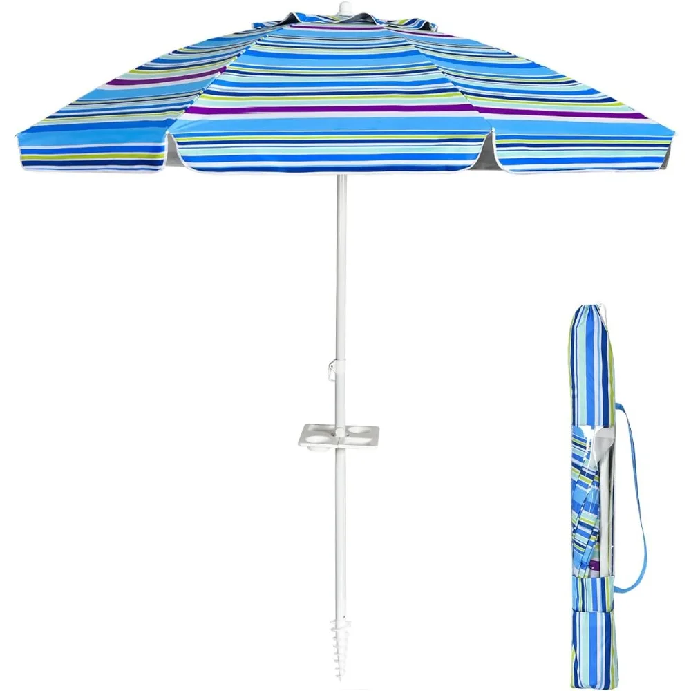 Ombrellone da spiaggia 200 x 220 cm, Ombrellone da spiaggia con inclinazione regolabile, con vassoio, 8 stecche, protezione UV, impermeabile, borsa da trasporto (Blu)